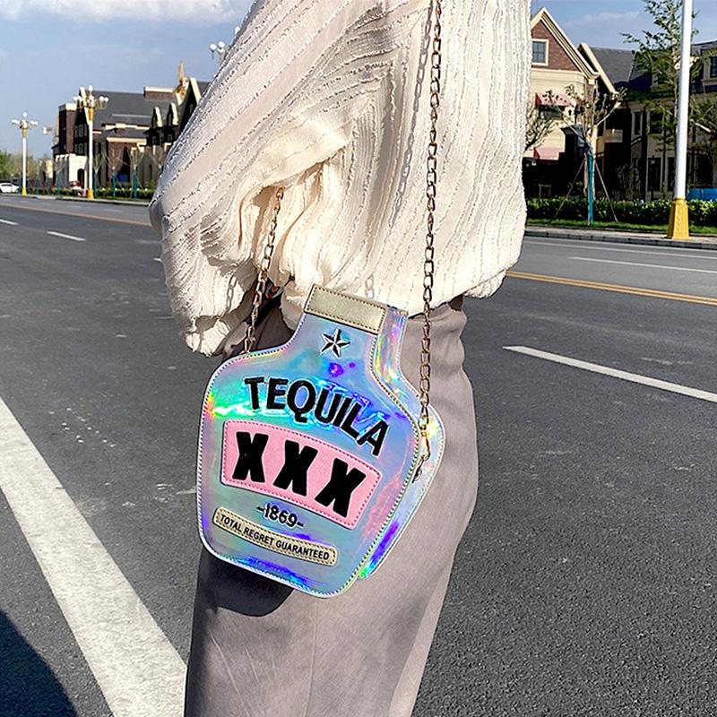 

Cross Body Luxury Designer Handbags Women's Shopper Bag Fashion Laser Sequins Embroidered Letters Wine Bottle PU Leather Crossbody BagCr, Leishefen