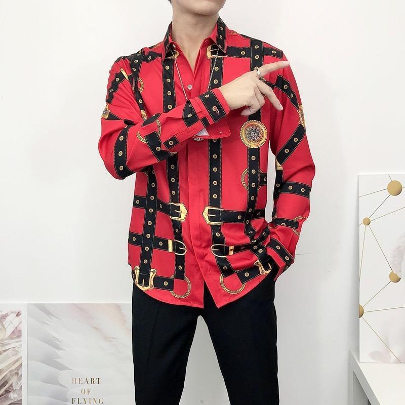 

Trendy Gold Badge Strap Shirt Men Designer's Loose Fit Red Printed Hawaiian Camisa Hombre Camisas Hip Hop Party Men's Casual Shirts