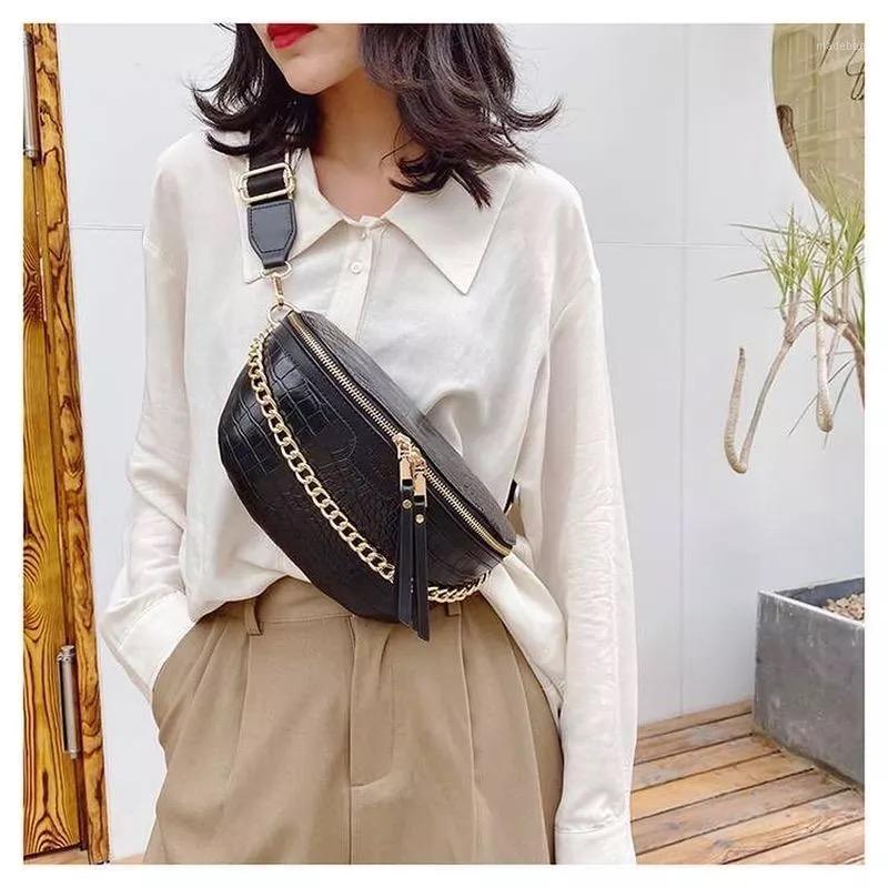 

Waist Bags 2022 High Quality Bag Fashion Women's PU Leather Breast Single Shoulder Alligator, Black