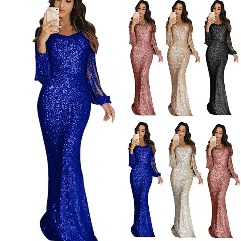 Robes décontractées Femmes européennes et américaines Couleur unie Col V Fringe Paillettes Robe de dîner à manches longues Casual