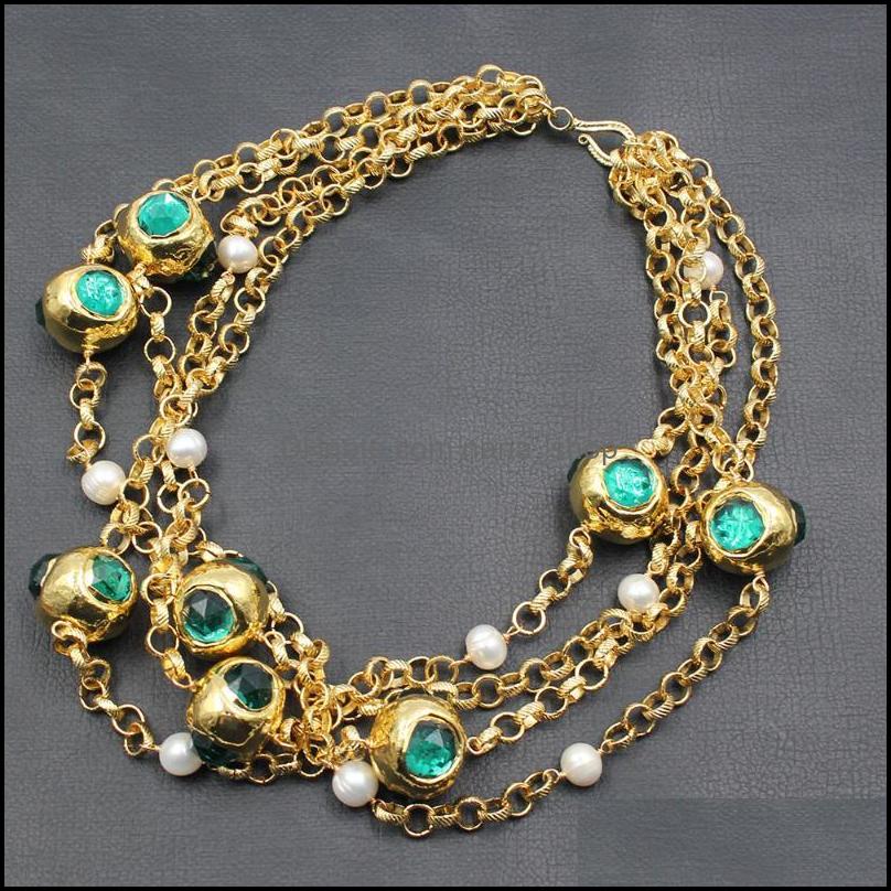 

Pendant Necklaces Pendants Jewelry Guaiguai 4 Rows Natural White Round Pearl Green Crystal Gold Dhibf