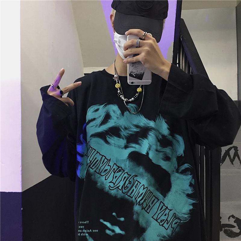 

Men' T-Shirts Harajuku Long Sleeve Black Gothic Cartoon Retro Print Loose Fashion Streetwear Baggy Hip Hop BF Oversize Men T ShirtsMen, Hui1