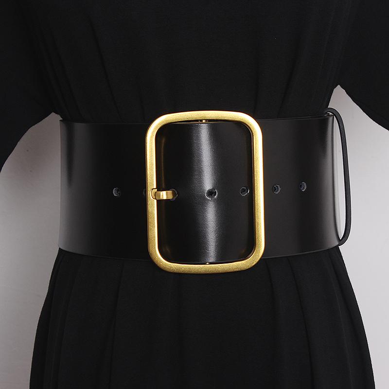 

Belts 9.5Cm Wide Cowhide Waistband Metal Buckle Waist Belt Black Plain Genuine Leather Coat Dress Female Cinture Commerbund BeltBelts
