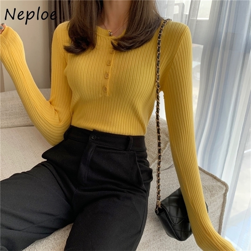 

Neploe Korean Style Autumn Winter Sweater Women O Neck Long Sleeve Button Elasticity Jumper Elegant Slim Knitting Tops 201203, Blue