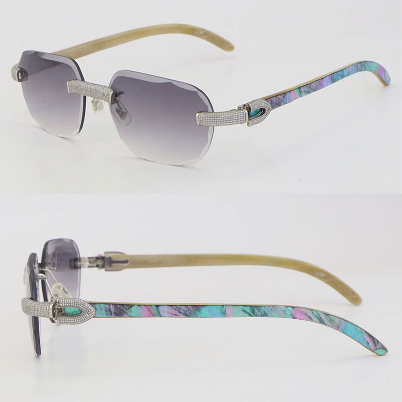 

Original Seashell Inside White Genuine Natural Horn Sunglasses for Women Fashion Luxury Diamond Cut Lens Style Metal Rimless Male Female Sun Glasses Size 58-18-140MM