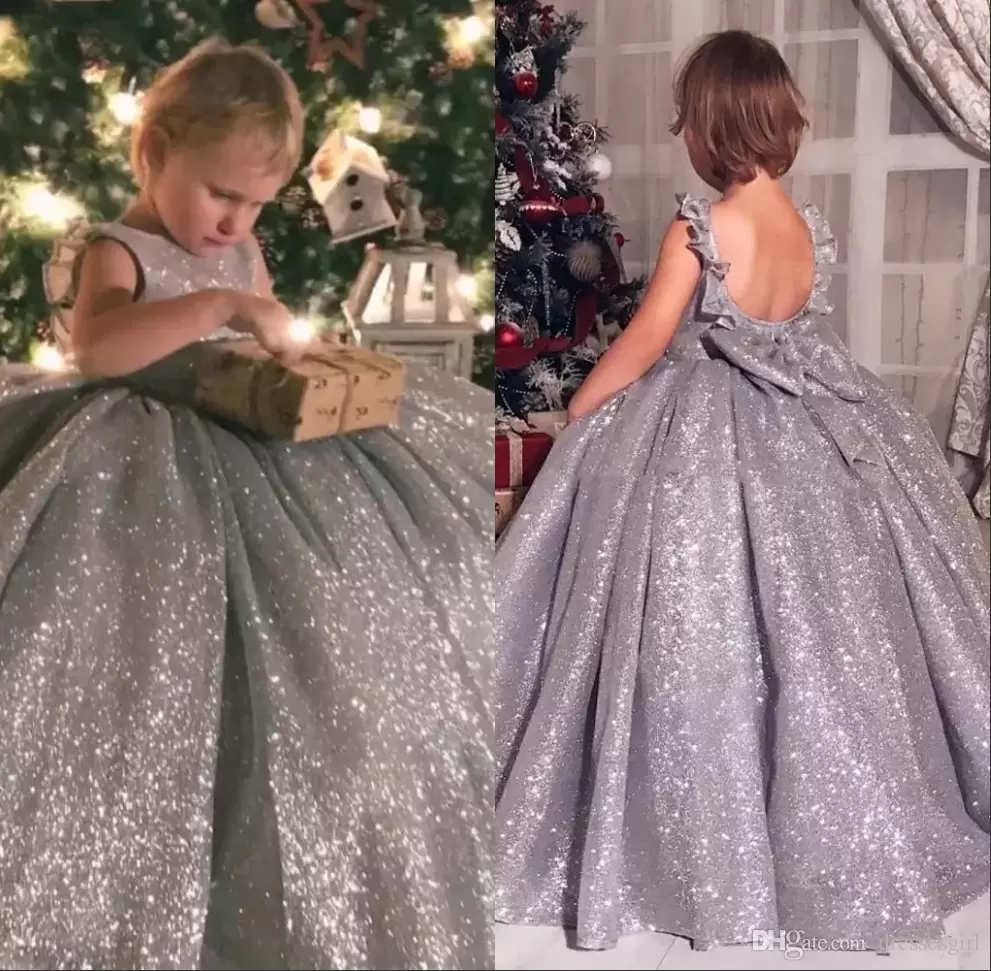 

New Glitz Silver Ball Gown Flower Girl Dresses with Bow Sash Cute Pageant Dresses Kids Birthday Party Formal Gown, White