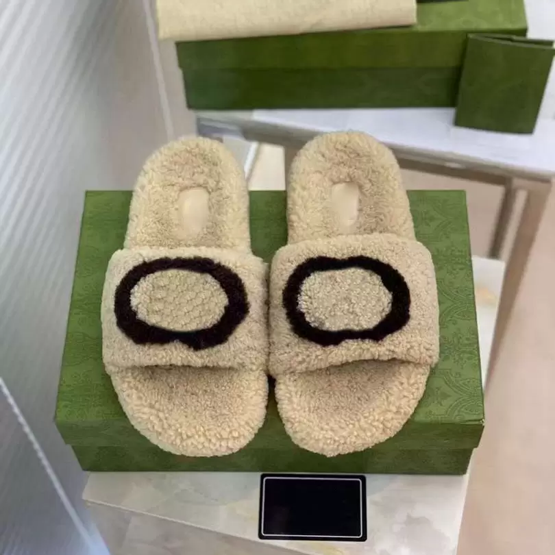 

Women Fur Slippers Slide Sandal Wool Designer Thick Bottom Light Brown merino wool slides Fashion Apartment Flat Muller Heel slipper Winter Sexy Muller's Size 35-40