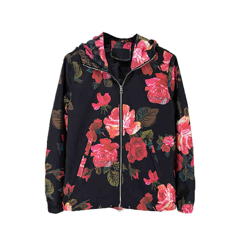 

European and American Men's Wear Summer 2022 New Long Sleeve Zipper Floral Print Fashionable Trench Jacket, Black