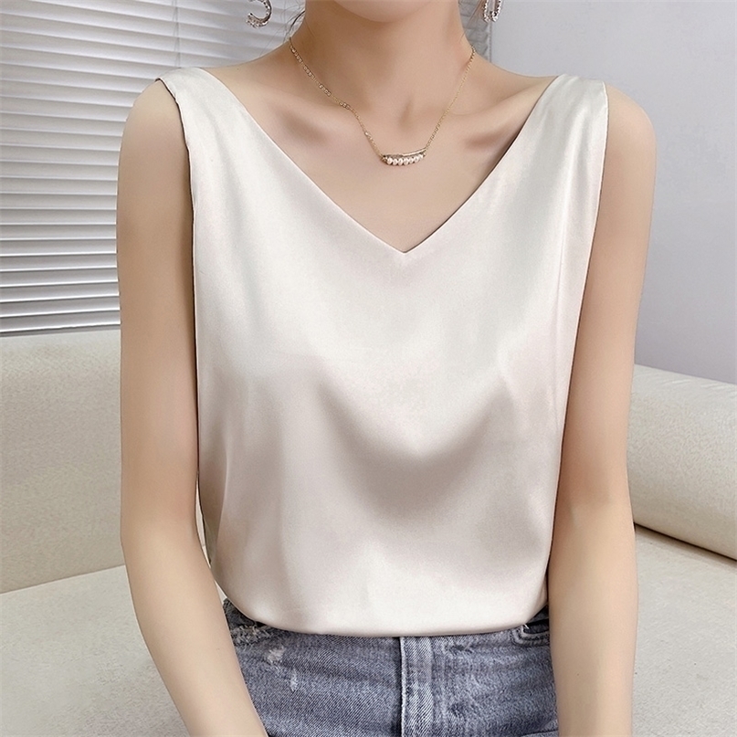 

Summer Shiny Satin Silk Tshirt Women Harajuku T Shirt Sleeveless Fashion T-shirt Woman Tee Tops Casual Female Luxury Sexy 220402, Two dark blue