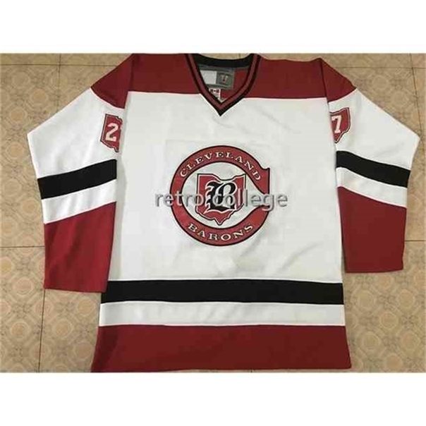 

C26 Nik1 Cleveland Barons #27 Gilles Meloche Hockey Jersey Red White Embroidery Stitched Customize any number and name Jerseys