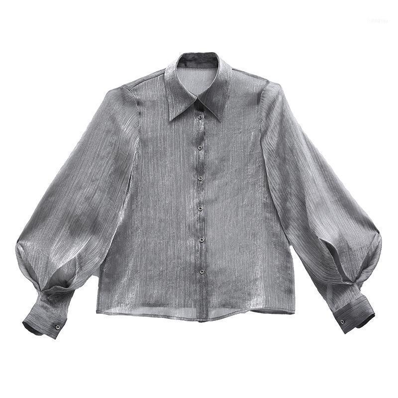 

Women's Blouses & Shirts 2022 Fashion Women Stylish Silver Chiffon Blouse Puff Lantern Sleeve High Quality Tops Camisas Mujer Chemises Femme, Silver grey