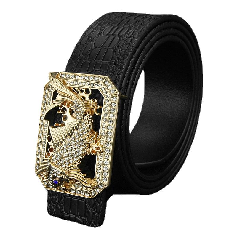 

Belts Diamond-encrusted Flying Fish Men's Belt Buckle Casual Personality Alloy Smooth Luxury Designers Men 3.8cm BeltsBelts, Black