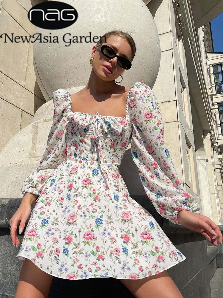 

Asia Floral Dress Women Lantern Long Sleeve Ruched Print A Line Square Neck Tie up Mini Vestidos Sexy Chic Summer Beach 220418, Mint