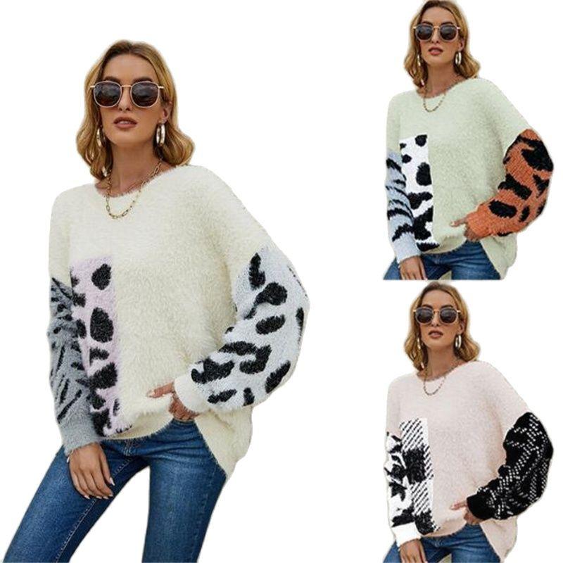 

Women's Sweaters Autumn/Winter Women's Sweater European And American Round Collar Leopard Print Stitching Loose Soft KnitwearWomen's, 01
