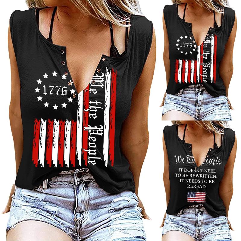 

Women' Blouses & Shirts Summer American Flag Tank Tops Women Vest Casual Sleevless Button Up U-neck Crop Ladies Blouse Pullover 4th Of July, Black