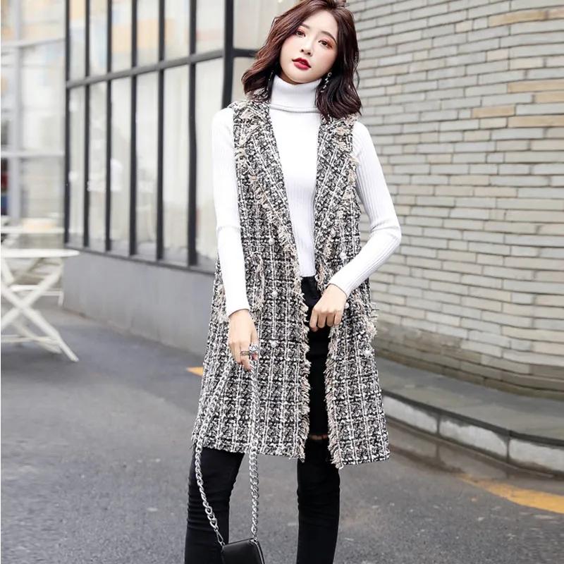 

Women's Vests Womens Woolen Long Female Sleeveless Jacket Vest With Pockets Elegant Blazer For Women Pearl Button V Neck CardiganWomen's, Black