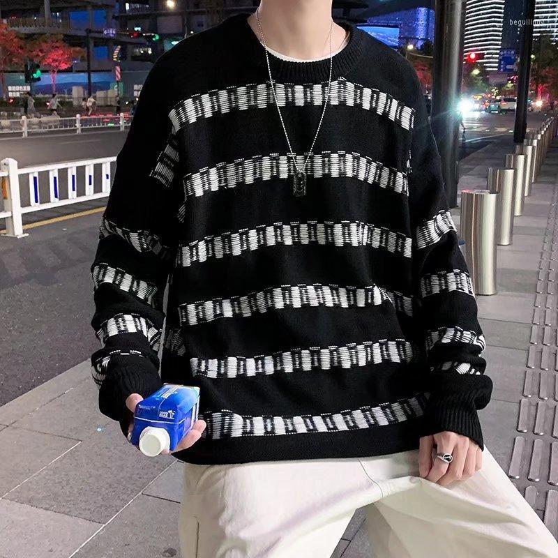 

Men's Sweaters Lazy Style Striped Thin Sweater Jacket 2022 Early Autumn Men Korean Loose Knit Begu22, Black
