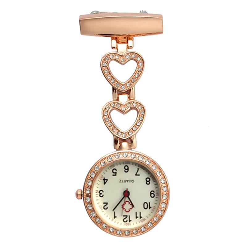 O mais novo Crytal Pocket Nurse observa Doctor Clock Pin Broch zircon Crystal Strass Rose Gold Heart Fob Enfermeira Vista presentes
