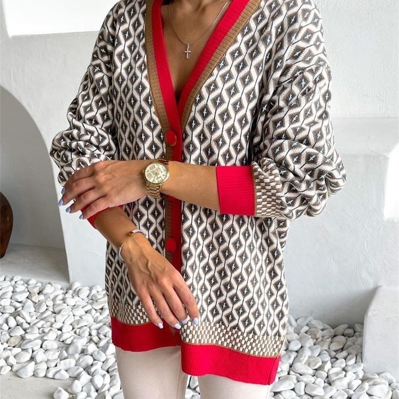 

TYHRU Womens Knitting Sweater Color Matching Diamond Lattice SingleBreasted Buttons Loose Casual Knitted Cardigan Sweaters 220813, Khaki red