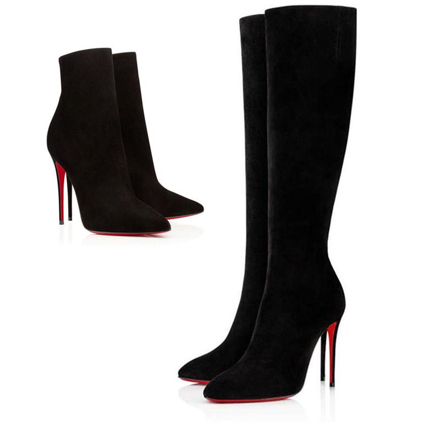 

Winter Fashion Women Pointed Toe Red Bottoms Ankle Boots Booty Black Soft Suede Leather Lady Booties High Heels Combat Booties2434