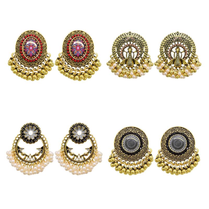 

Dangle & Chandelier Vintage Ethnic Drop Earrings For Women Golden Round Pearl Bells Tassel Afghan Turkish Dress Kundan Traditional Je