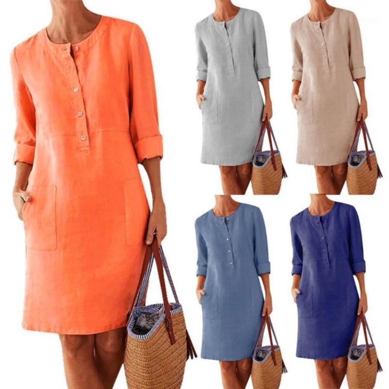 

Casual Dresses 2022 Fashion Women Lady Long Sleeve Cotton Linen O-neck Solid Color Button Pockets Loose Straigth Dress, Blue