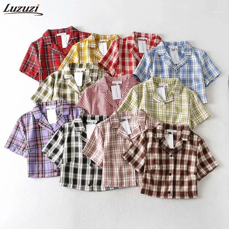 

Luzuzi Summer Blouse Women Vintage Crop Shirt Streetwear Plaid Ladies Tops Elegant Button Up Korean Top Red 2022, Light red