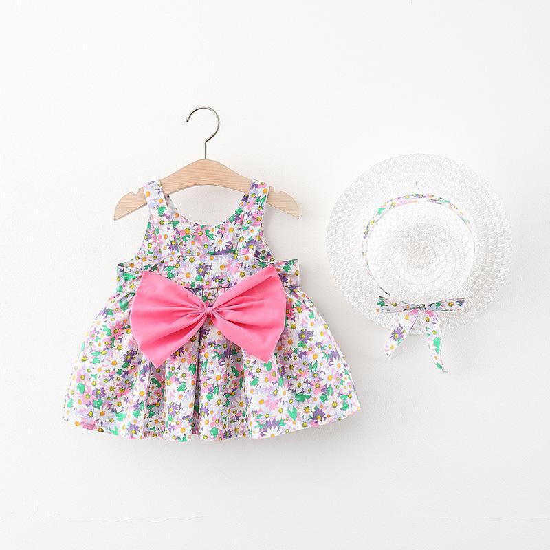 

Girl's Dresses Children Girls Clothes Sleeveless Vest Skirt Summmer Floral Cute Princess Style With Bow Sunhat One Piece Set For Babies Suit, Pink