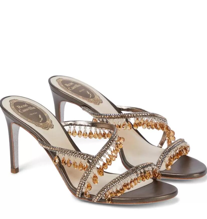 

Luxury Designer Renes Chandelier Sandals Shoes Lady Stiletto heels Crystals Beads Jewel Pumps Summer Style Women's Slippers Handmade EU36-42 BOX, 104
