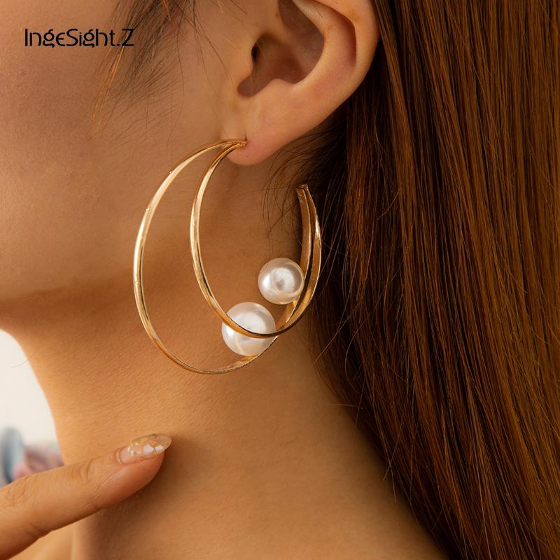 

Hoop & Huggie IngeSight.Z Korean Double Layered Geometric Half Moon Earrings For Women Punk Imitation Pearl Girls Jewelry BijouxHoop
