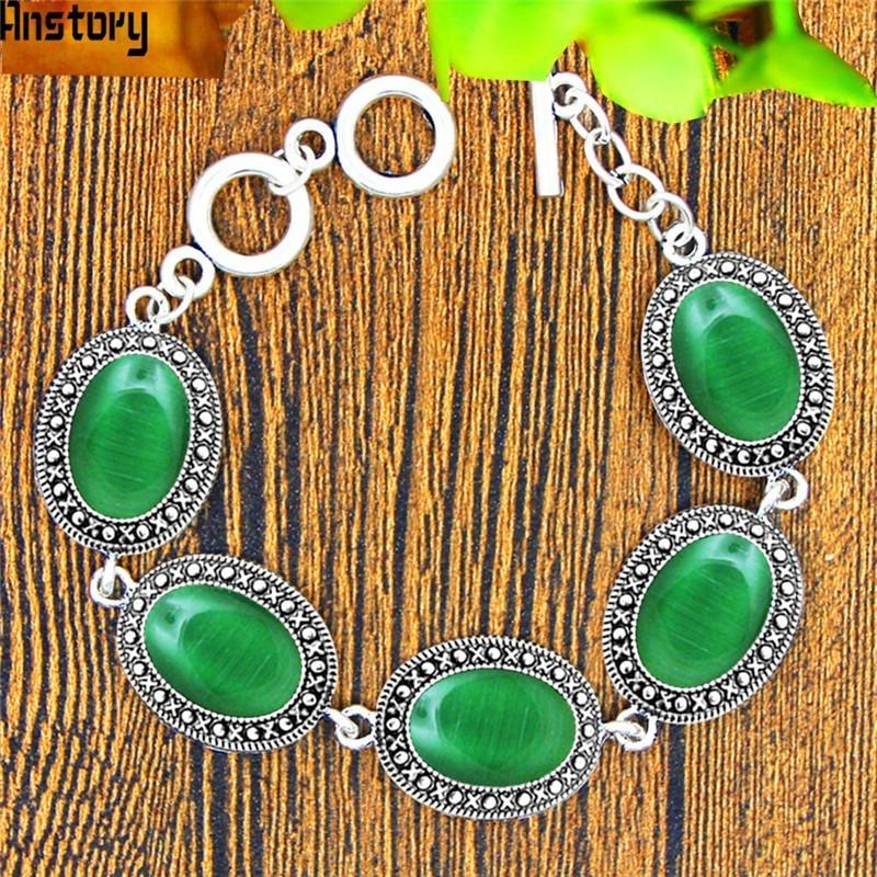 

Charm Bracelets Colors Oval Opal Bracelet For Women Vintage Look Antique Silver Plated Bangle Fashion Jewelry TB333Charm