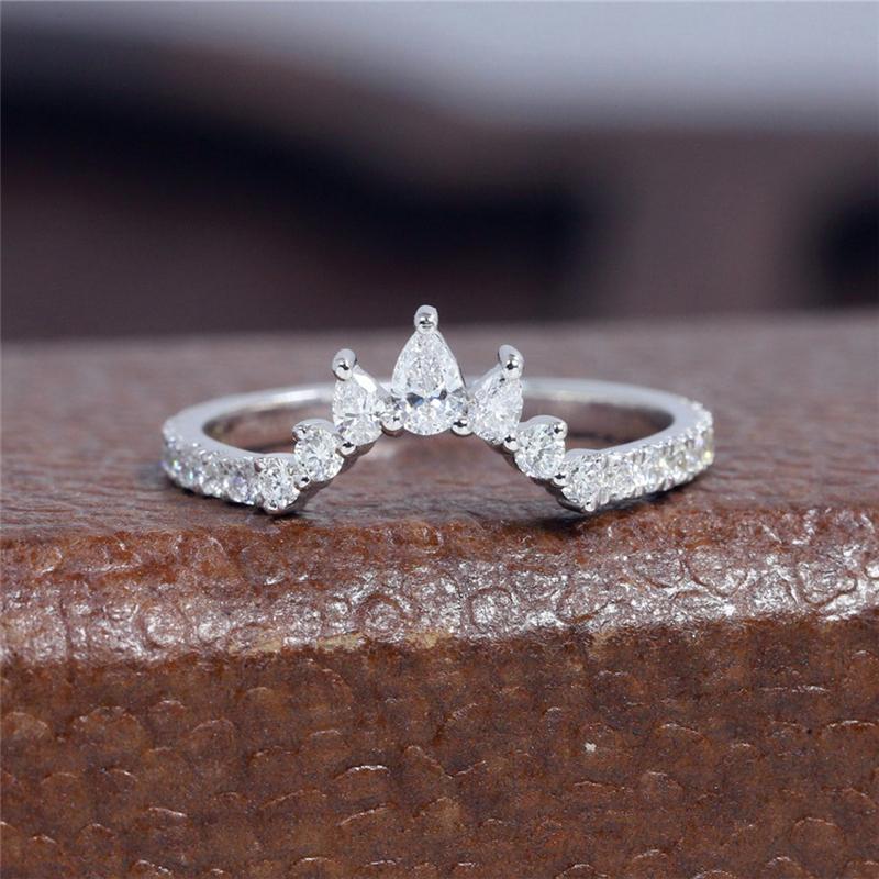 

Cluster Rings RandH 18K Solid White Gold Crown Eternity Dainty Moissanite Ring Setting Pear Half Band Curved Vintage Stackable For WomenClus