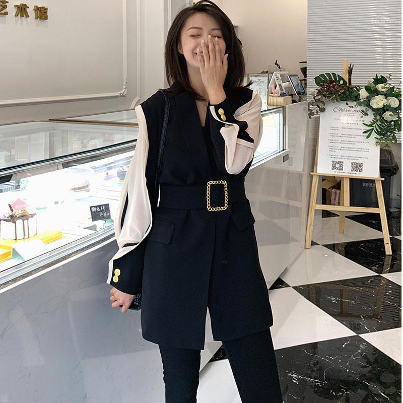 

Women' Jackets Women Spring Black Suit Jacket Fashion Long Sleeve With Belt Chiffion Temperamental Coat