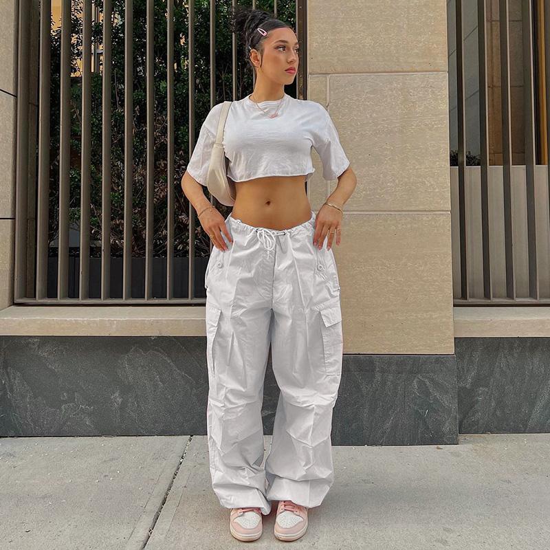 

Women's Pants Autumn new loose all-match solid color fashion bandage tooling casual straight pants, White