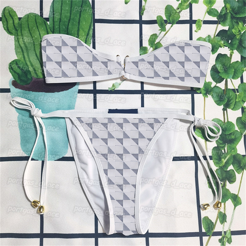 

Checked Bandeau Swimsuit Womens Split Bikinis Swimwear Padded Push Up Beach Tops Briefs Girls Summer Holiday Bathing Suit, #white checker with label