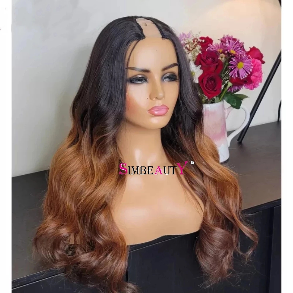 

30Inches Long 1x4 Black Roots Ombre Caramel Brown U Part Human Hair Wigs with 6Clips Glueless Opening Remy V Shape Wigs Easy Wear, As picture color