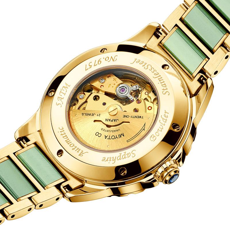 

Wristwatches 100% Natural Emerald Men Jade Automatic Mechanical Watches Japan Movement Calendar Sapphire Glass Men's Waterproof, Dark jade watch