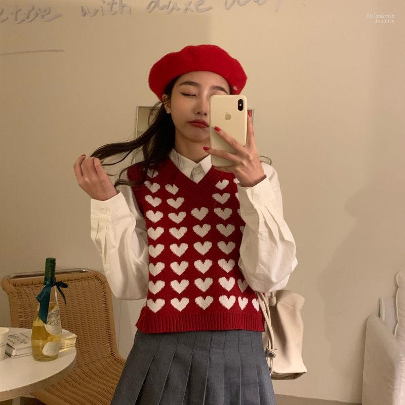

Women's Vests Sweet Red Heart Printed V-neck Sleeveless Knitted Vest Women College Style Short Jacket Waistcoat Female Top Pullover Luci22, Black