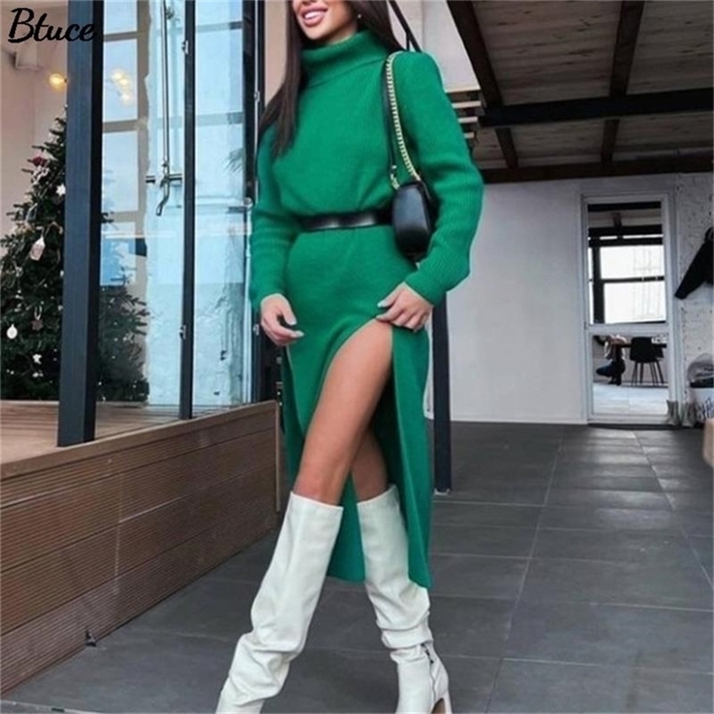 

Autumn Winter Women Sexy Bodycon Split Knitted Dress Female Long Sleeve Turtleneck Y2K Midi Dress Club Party Sweater Dress 220406, 01 black