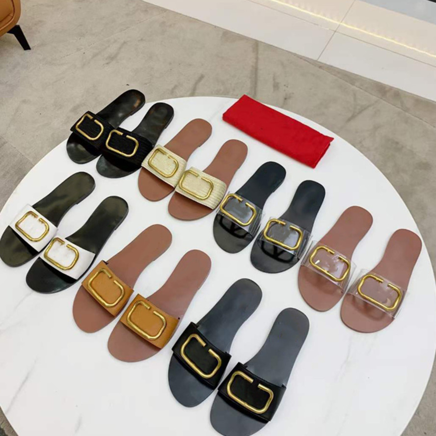 

Women Sandal Flat Slippers Vlogo Signature Slide Sandal Desginer Flat Slipper Black Brown Leather Slides Transparent Slipper Flat Flip Flop With Box NO350