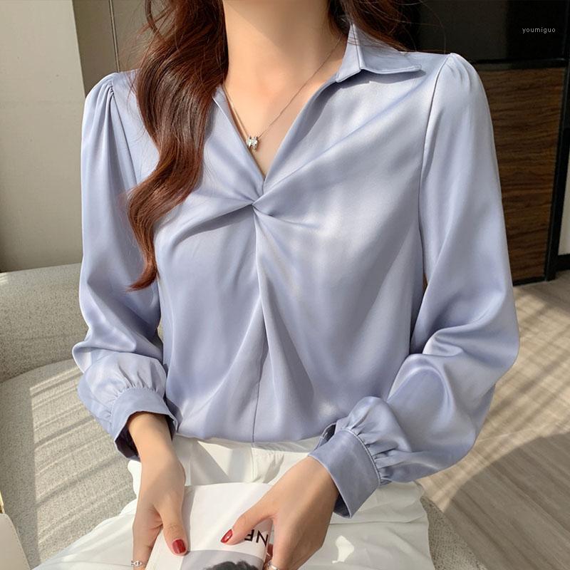 

Women' Blouses & Shirts Silk Satin White Shirt Long Sleeve 2022 Tops And Blouse Women Drop Solid Blusas Female V-Neck Button 1218, Blue