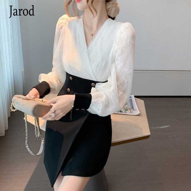 

Autumn Women Vintage white Lace Patchwork Mini Dress Elegant Office OL doublebreasted Slim Woman Vestidos 210526, Photo color