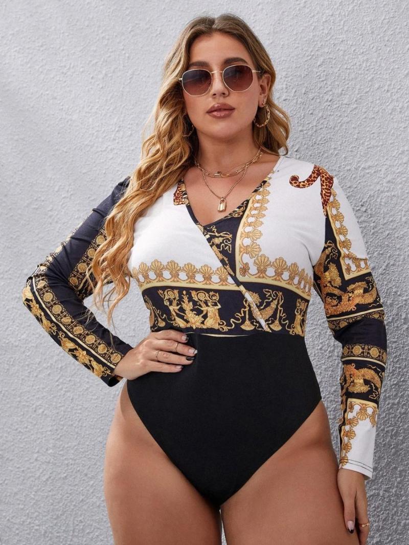 

Women's Plus Size Jumpsuits & Rompers Scarf Print Surplice Front Bodysuit H4z8#Women's, Multicolor