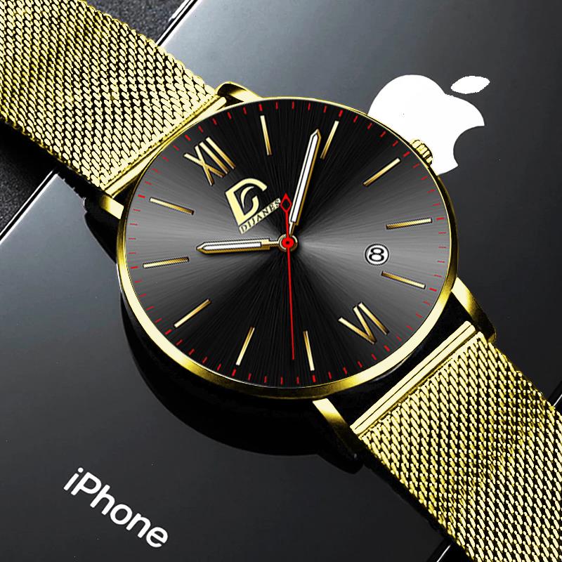 

Fashion Mens Watches Stainless Steel Mesh Belt Quartz Wrist Watch Men Luxury Business Calendar Luminous Leather Clock Relogio, Leather rose black