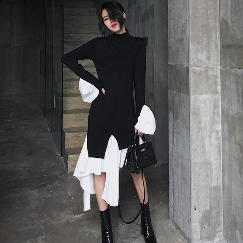 

Autumn fashion Knitting Dress Female Flare Long Sleeve Turtleneck Patchwork Ruffle Hem Irregular Womens Dresses Robe 210526, Picture color
