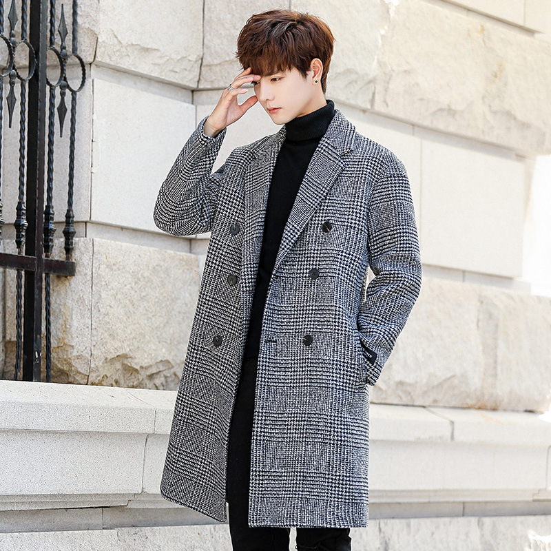 

Men's Wool & Blends Winter Long Jacket Men Fashion Korean Loose Fit Double Breasted Trench Coat Teenager Turn-down Collar Pocket Warm Overcoat Male