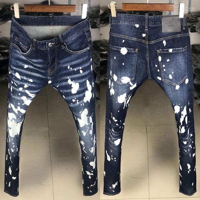 

Men's Jeans American Street Style Fashion Men Retro Blue Elastic Slim Fit Ripped Splashed Designer Hip Denim Punk Pants Bert22