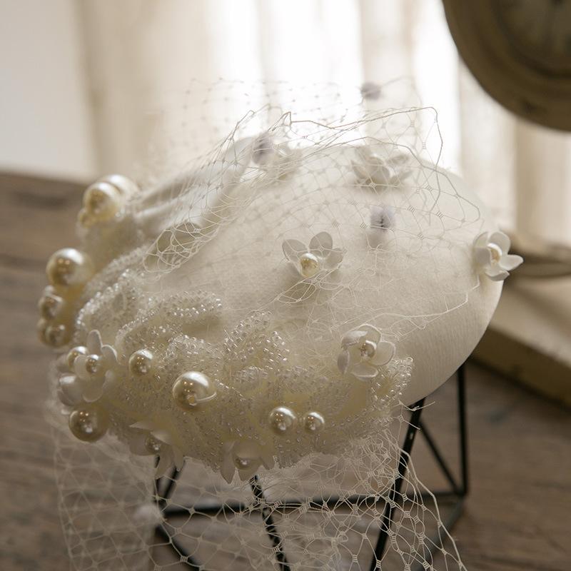 

Berets 202204-anran-285 Bride Bridesmaid Wedding Dress Pearl Flower Mesh Lady Beret Hat Women, White