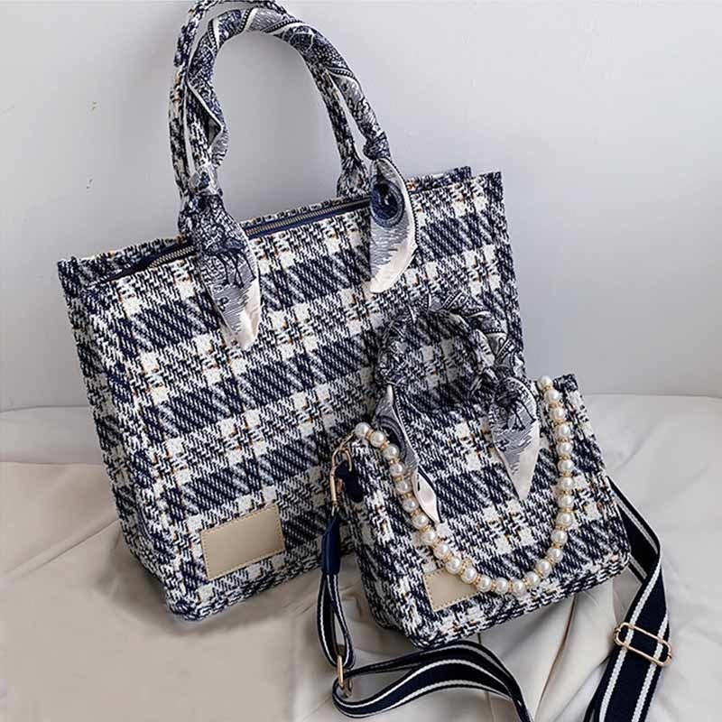 

Luxury Designer Handbag Color Plaid Tote Bag Women Fashion Shopper Casual Dark Blue Pearls Silk Scarf Canvas Crossbody Bags 220616