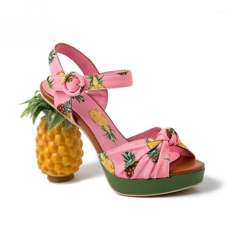 

Sandals Comemore Pineapple High Heels Buckle Strap 2022 Pink Printed Peep-Toe Pumps Summer Platform Shoes Women Thick Bottom, Black